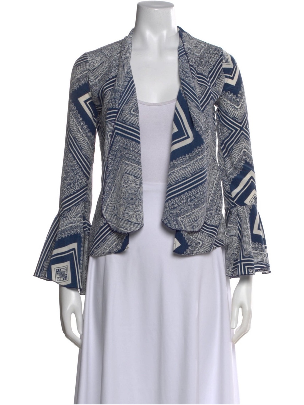 Stone Cold Fox Printed Blue Open-Front Bell Sleeve Silk Top one size